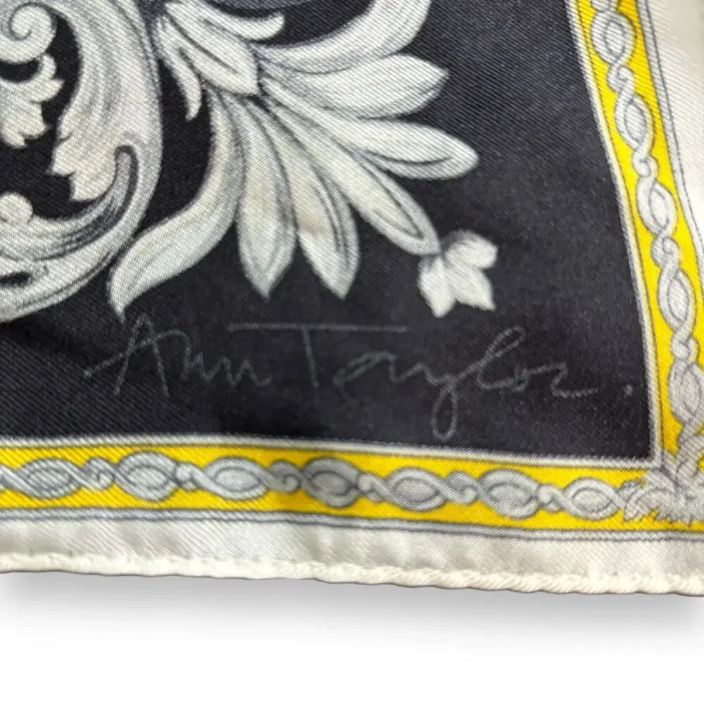 Ann Taylor Black and Gray Square Silk Scarf with Gold Trim